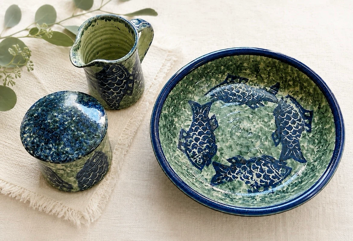 Handcrafted Stoneware Serving Set with Fish Design