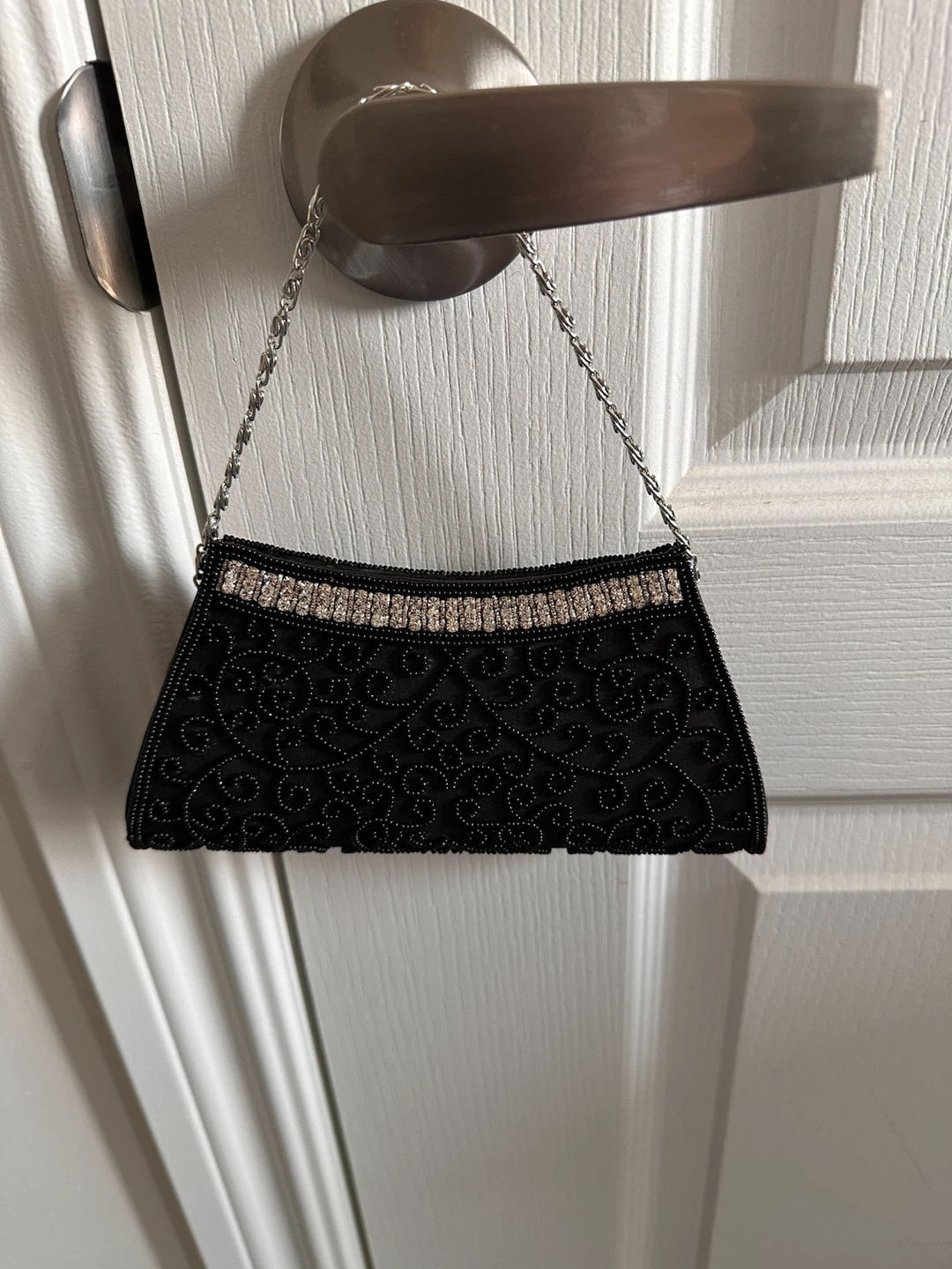 Beaded Black Evening Clutch Purse with Silver Chain
