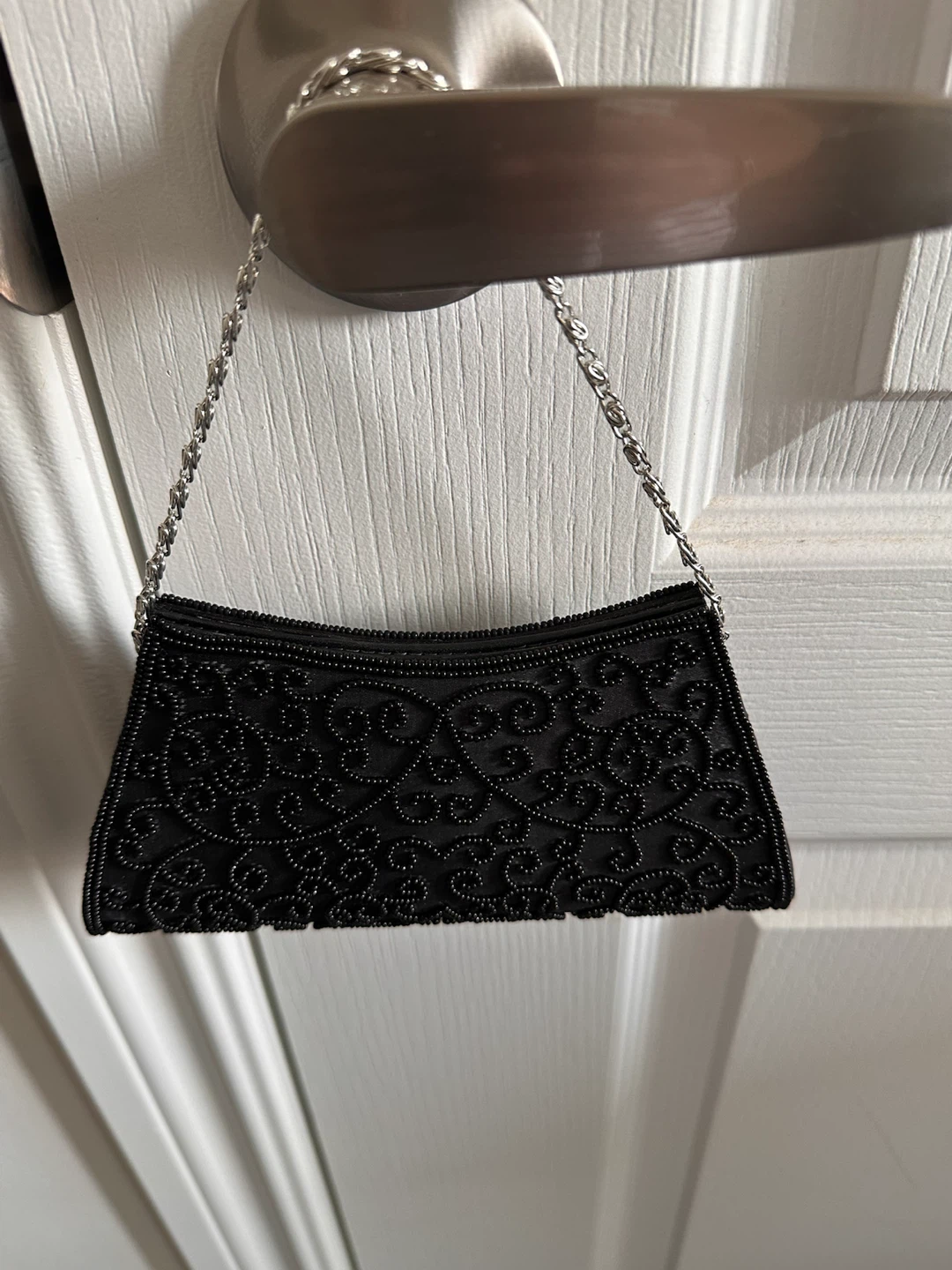 Beaded Black Evening Clutch Purse with Silver Chain - photo 2