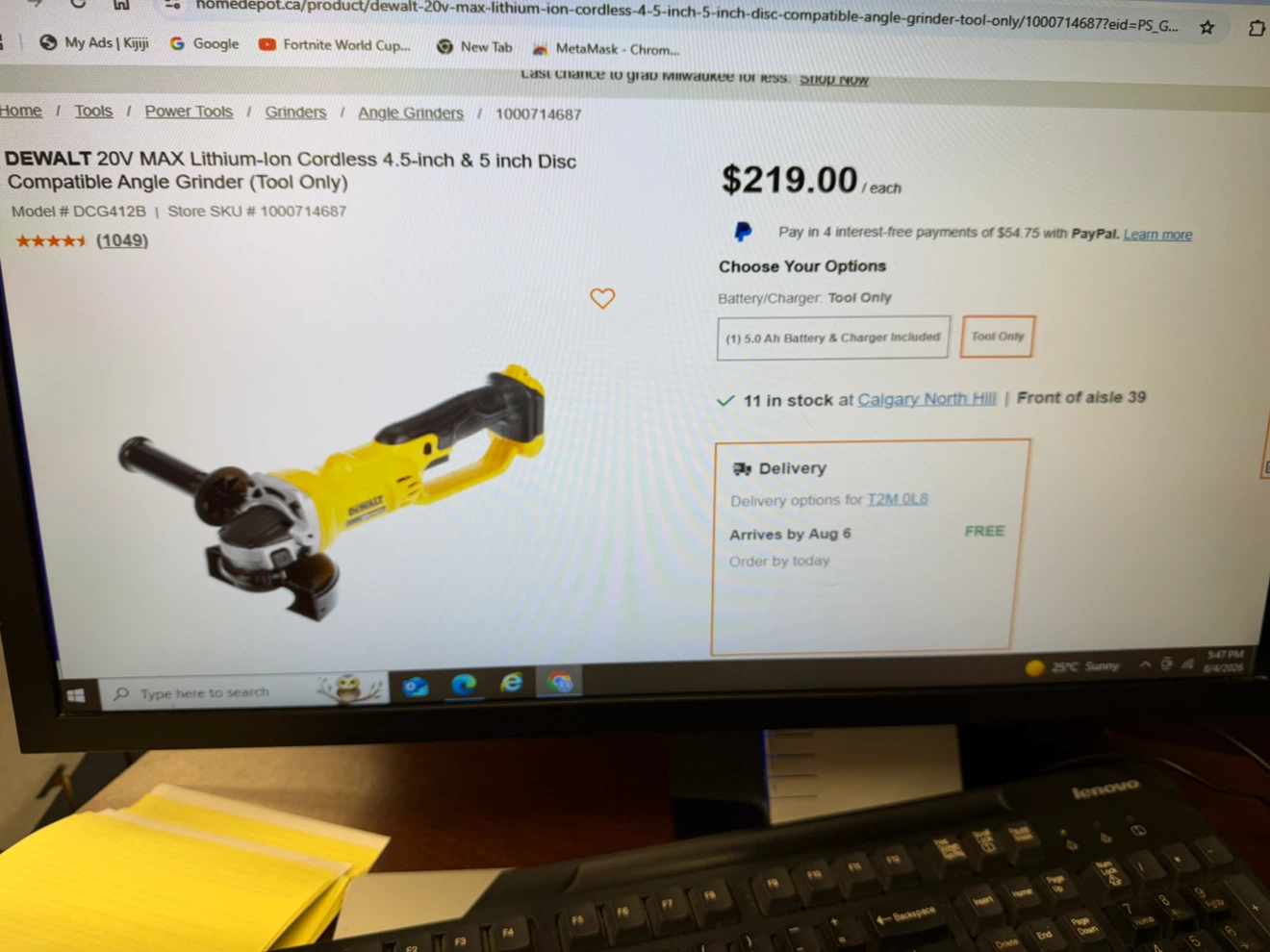 DEWALT 20V MAX Cordless Angle Grinder DCG412B (Tool Only)