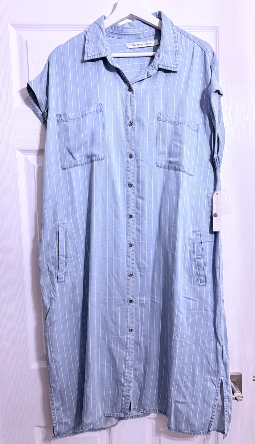 Standard Grace Blue Striped Shirt Dress Size L - photo 2