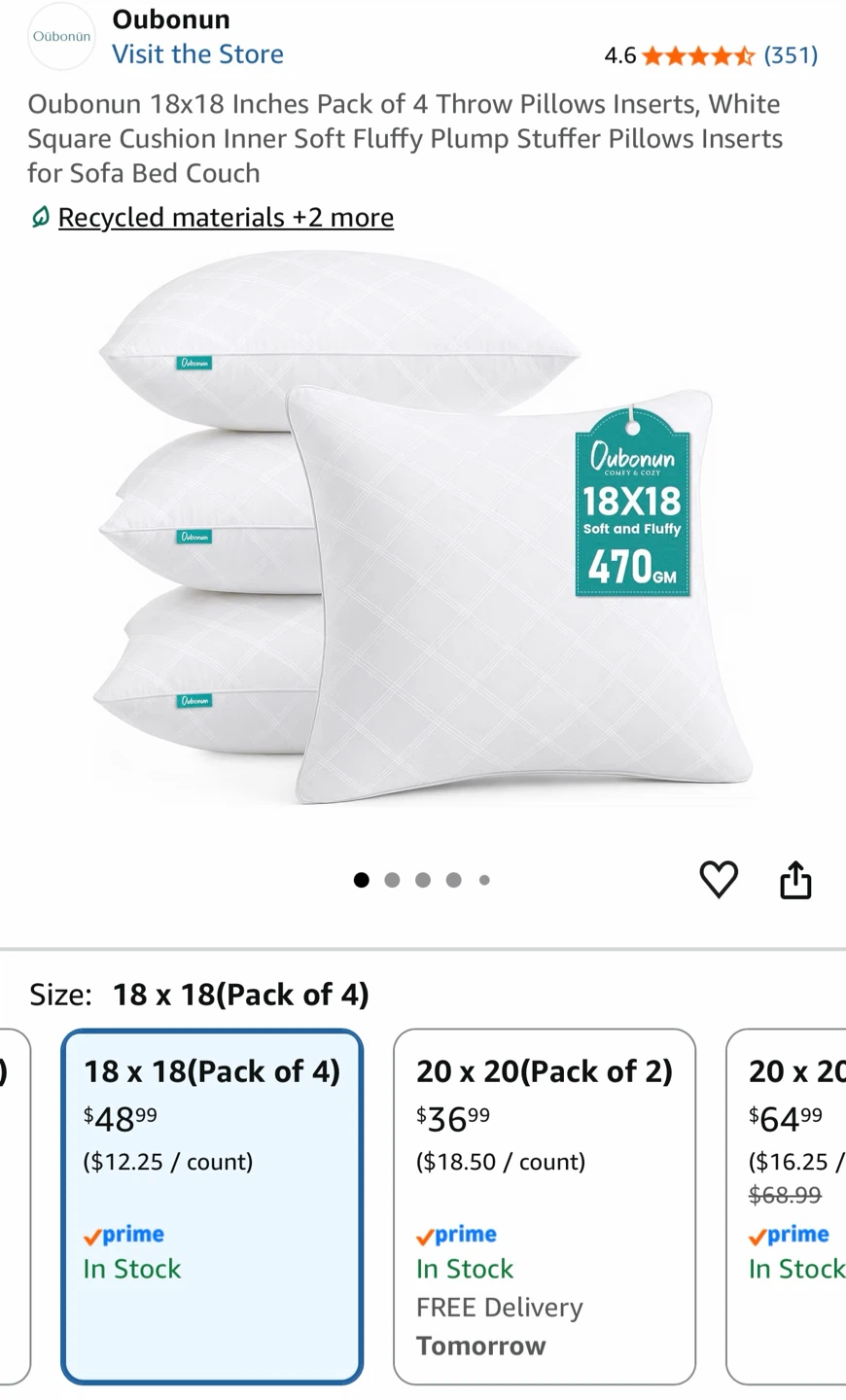 Oubonun 18x18 Inch Throw Pillow Inserts (Pack of 4)
