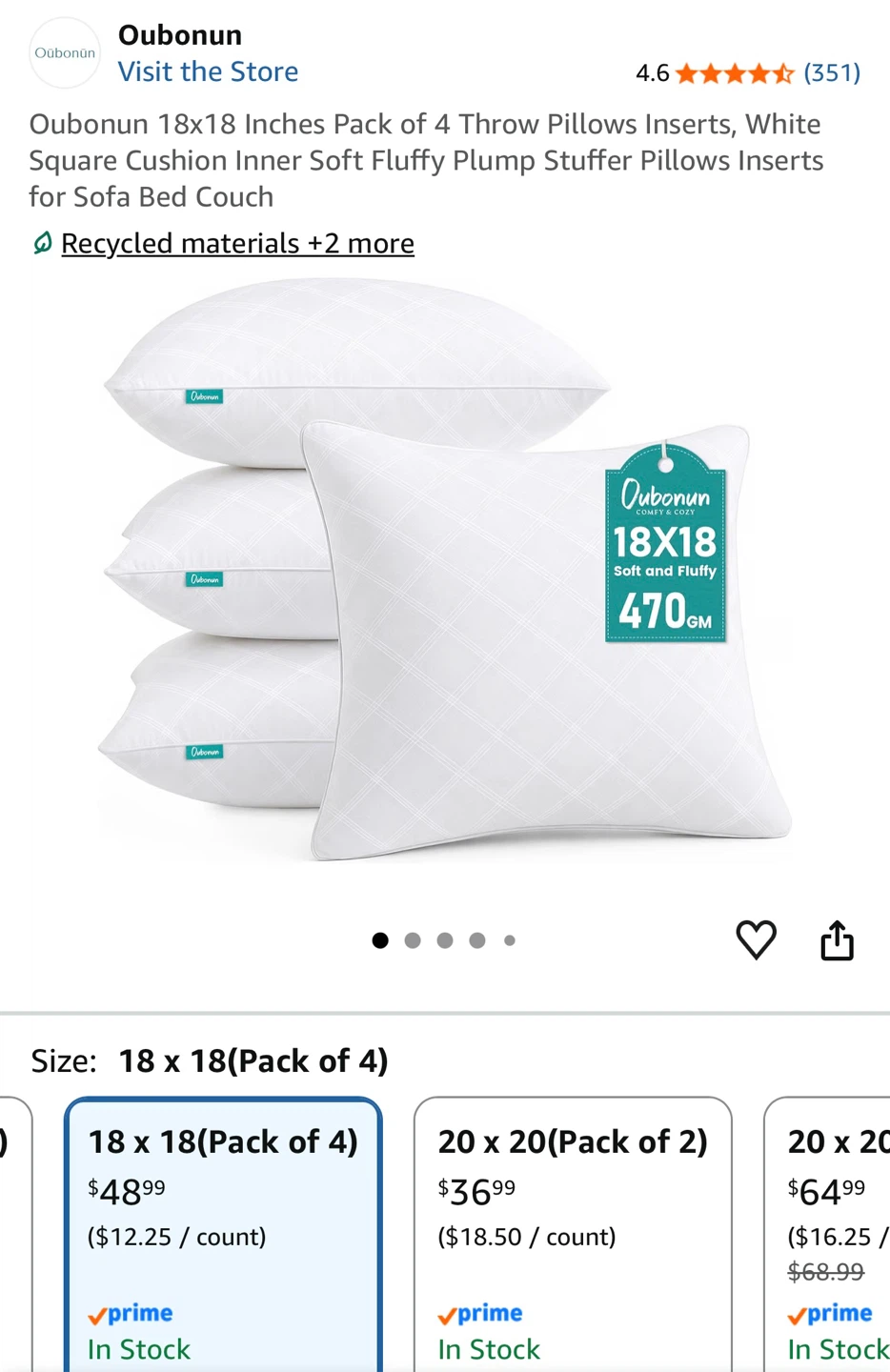 Oubonun 18x18 Inch Throw Pillow Inserts (Pack of 4) - photo 4