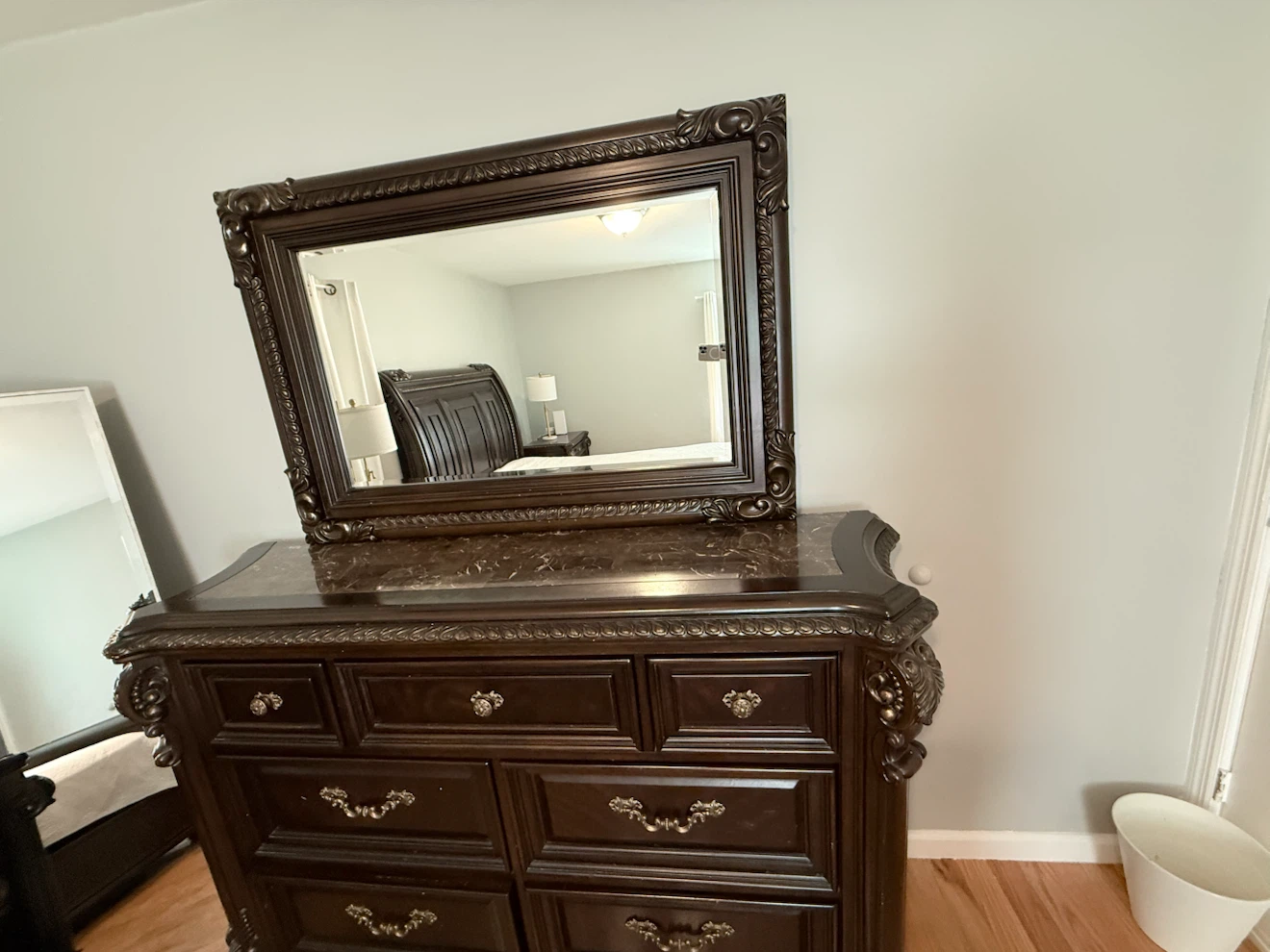 Dark Wood Sleigh Bed Frame with Ornate Detailing - photo 4