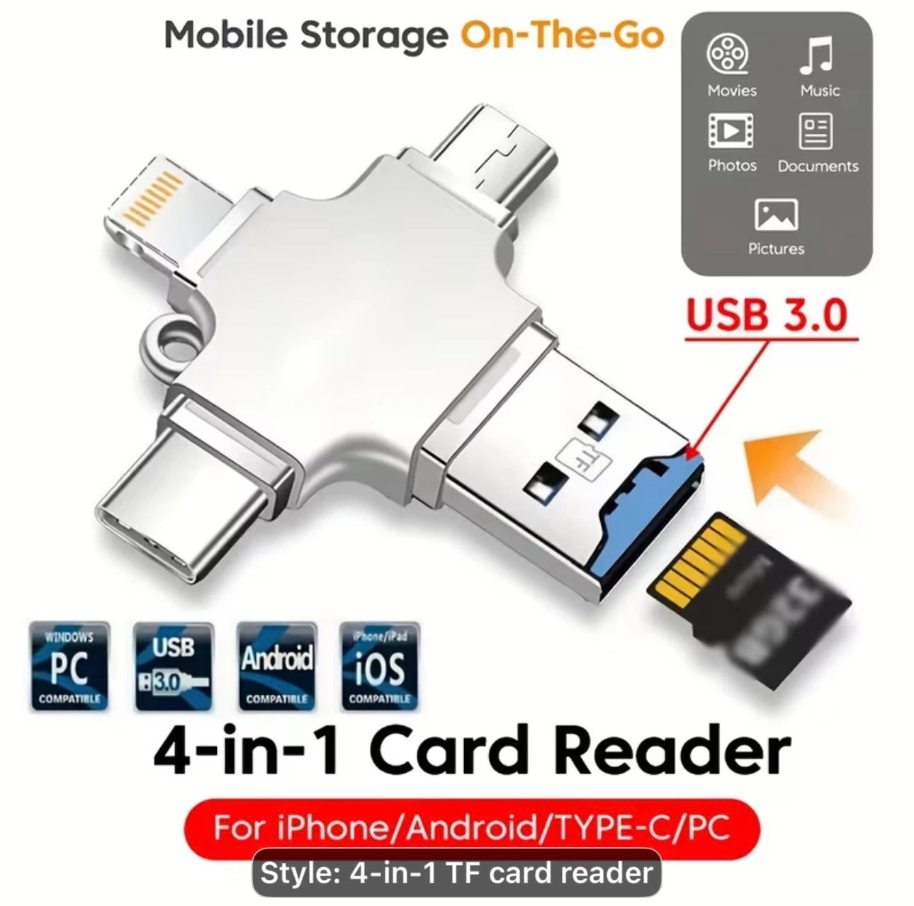 4IN1 Memory Card Reader for Micro SD/TF Card - USB 3.0, USB A