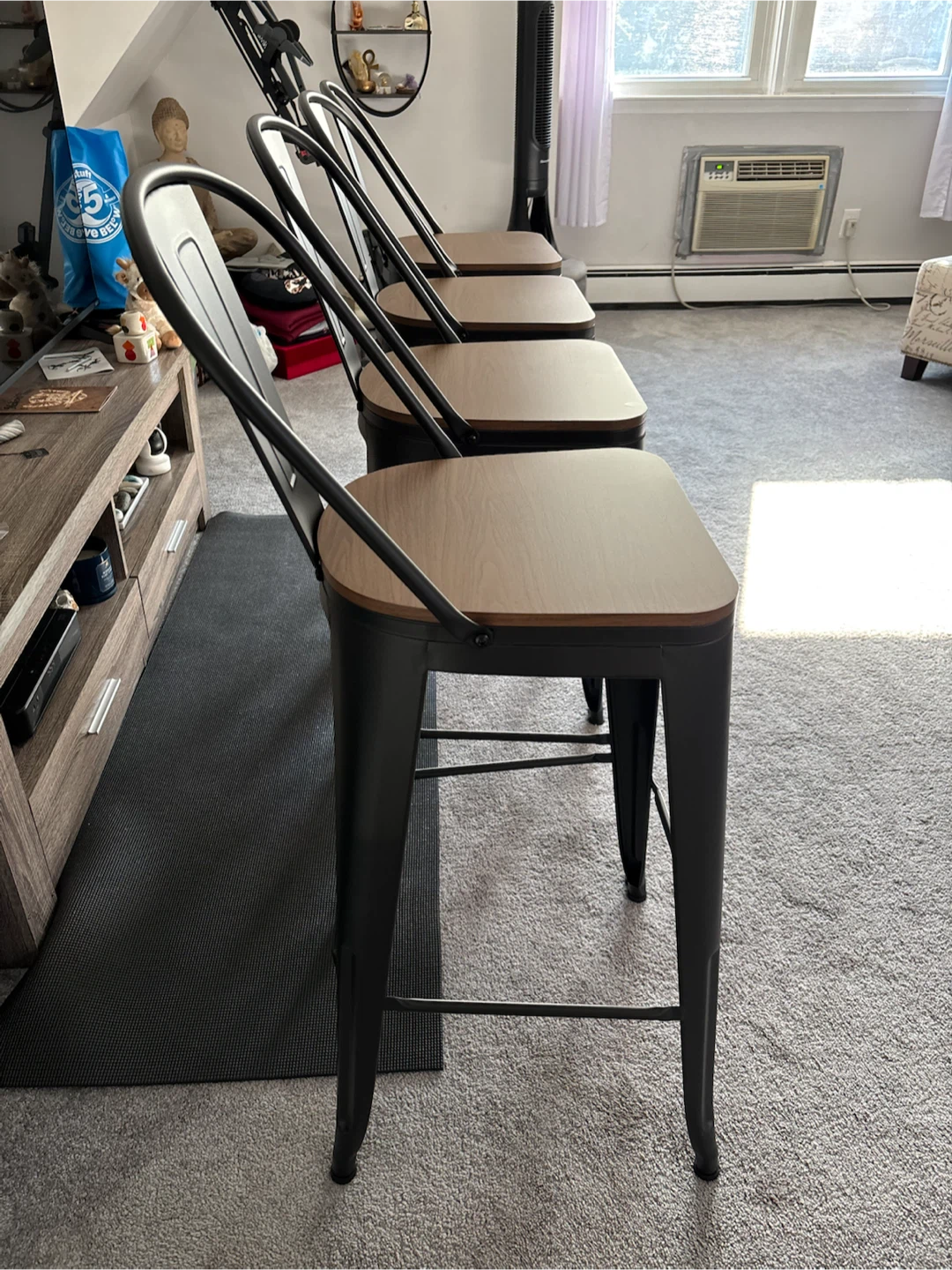 Set of 4 Metal and Wood Bar Stools