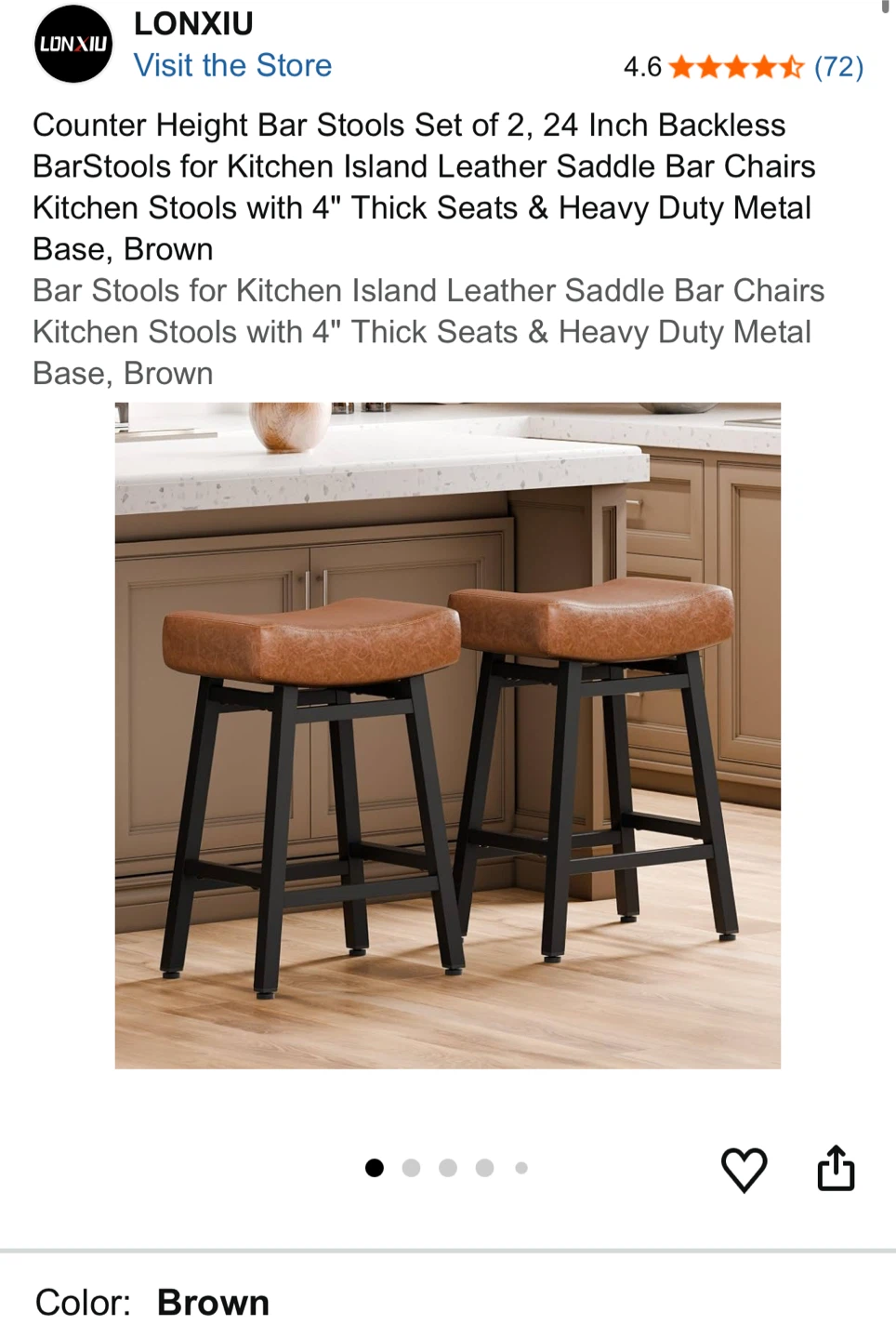 LONXIU Counter Height Bar Stools Set of 2, 24 Inch Brown