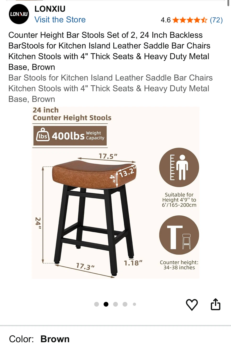 LONXIU Counter Height Bar Stools Set of 2, 24 Inch Brown - photo 2