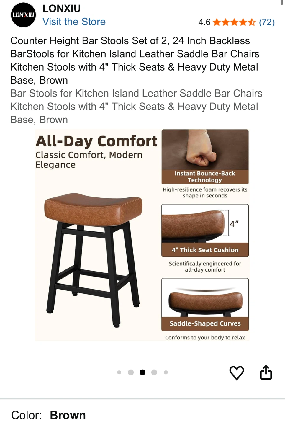 LONXIU Counter Height Bar Stools Set of 2, 24 Inch Brown - photo 3