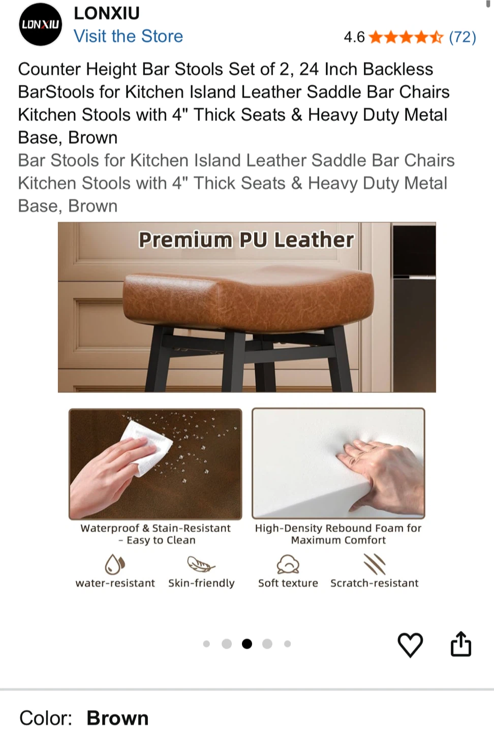 LONXIU Counter Height Bar Stools Set of 2, 24 Inch Brown - photo 5