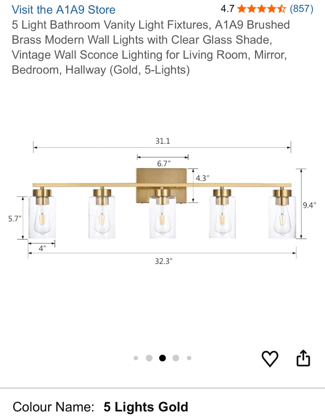 A1A9 5-Light Brushed Brass Vanity Light Fixture - photo 3