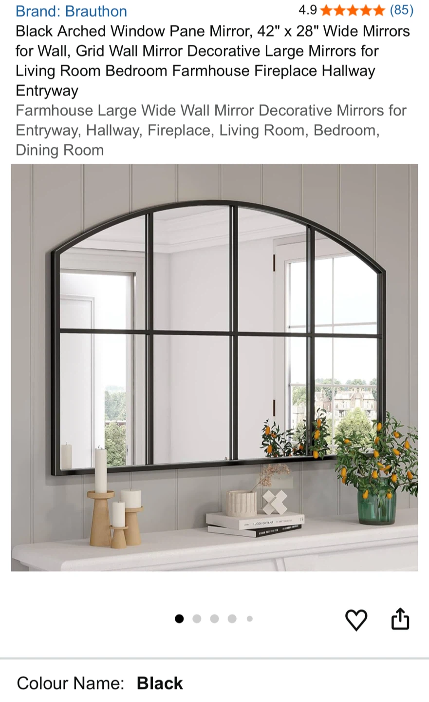 Brauton Arched Window Pane Mirror - Black, 42" x 28"