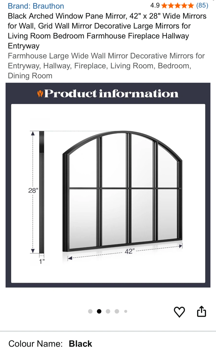 Brauton Arched Window Pane Mirror - Black, 42" x 28" - photo 2