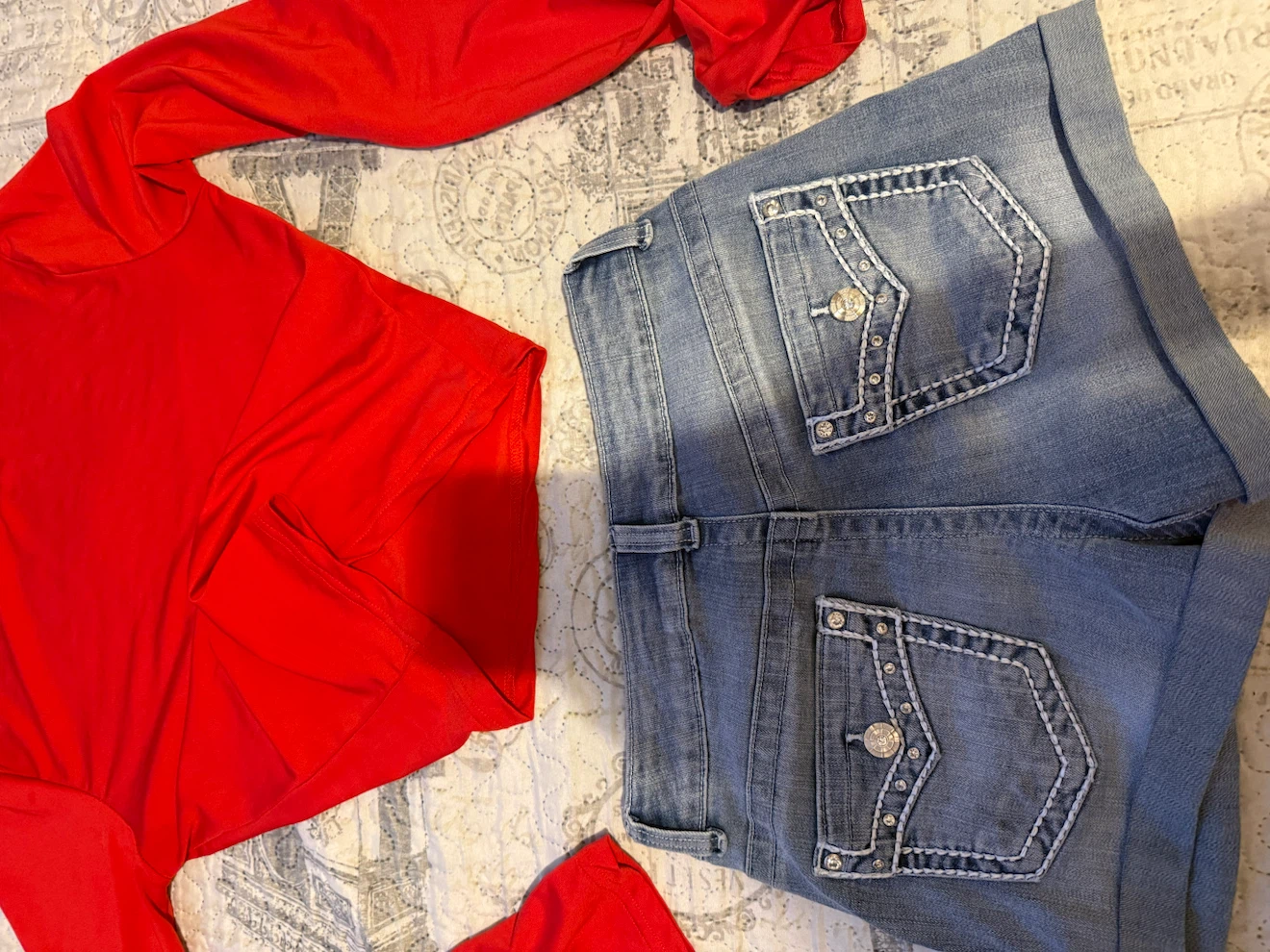 Red long-sleeve top and denim shorts set