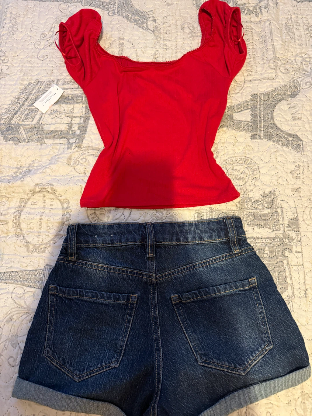 Garage Red Ribbed Crop Top & Denim Shorts Set