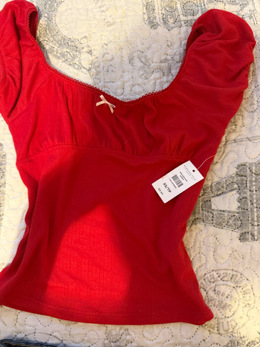 Garage Red Ribbed Crop Top & Denim Shorts Set - photo 2