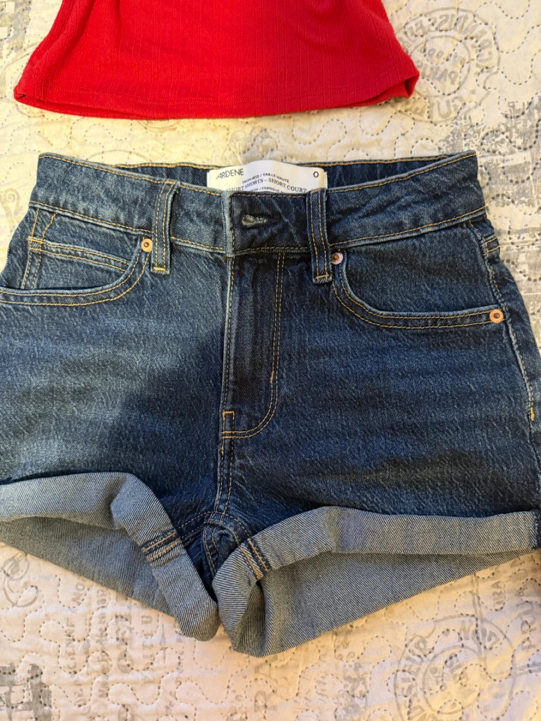 Garage Red Ribbed Crop Top & Denim Shorts Set - photo 3