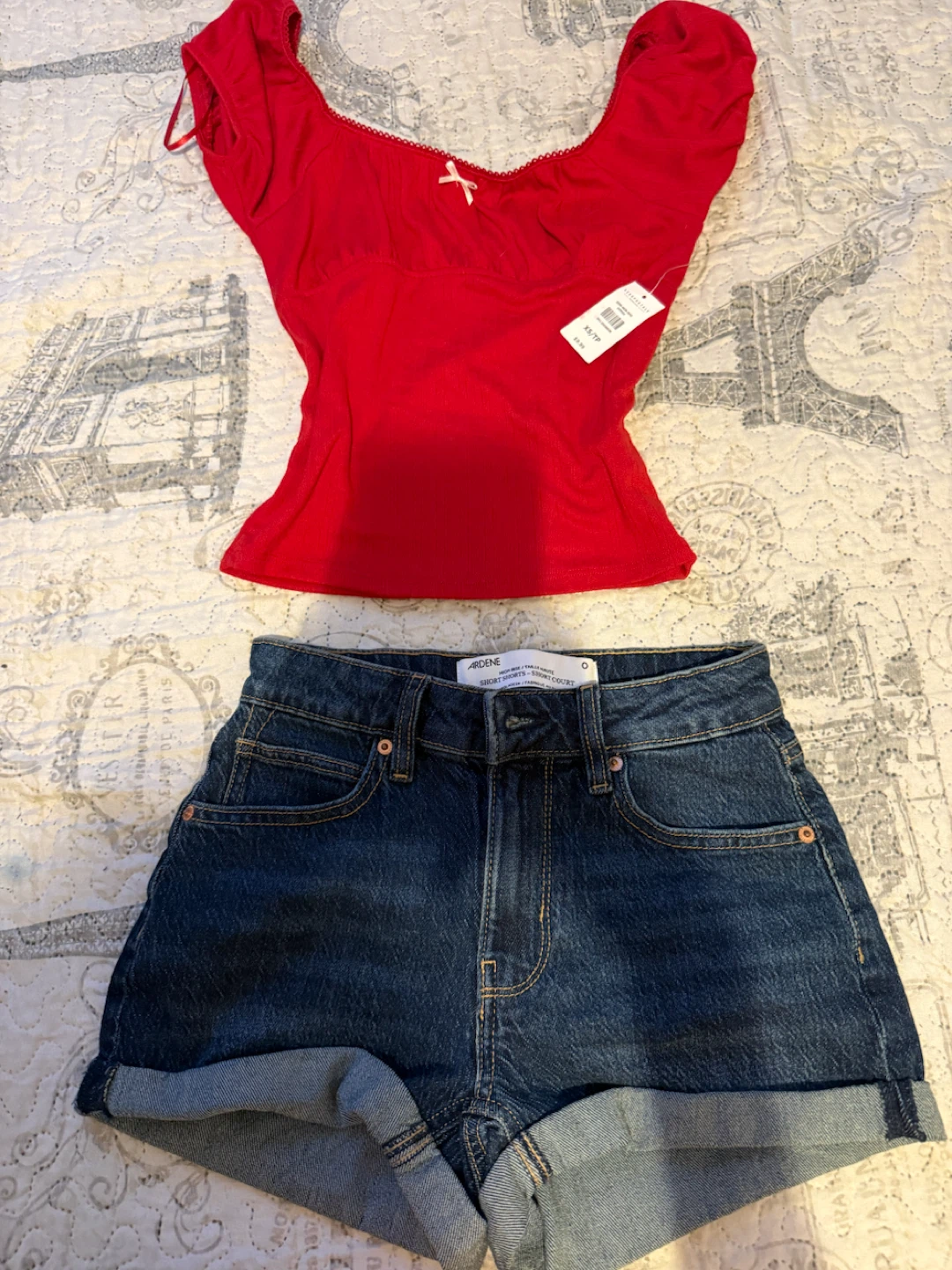 Garage Red Ribbed Crop Top & Denim Shorts Set - photo 4