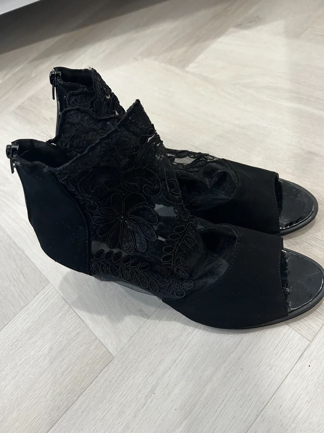 Black Lace Peep-Toe Ankle Boots