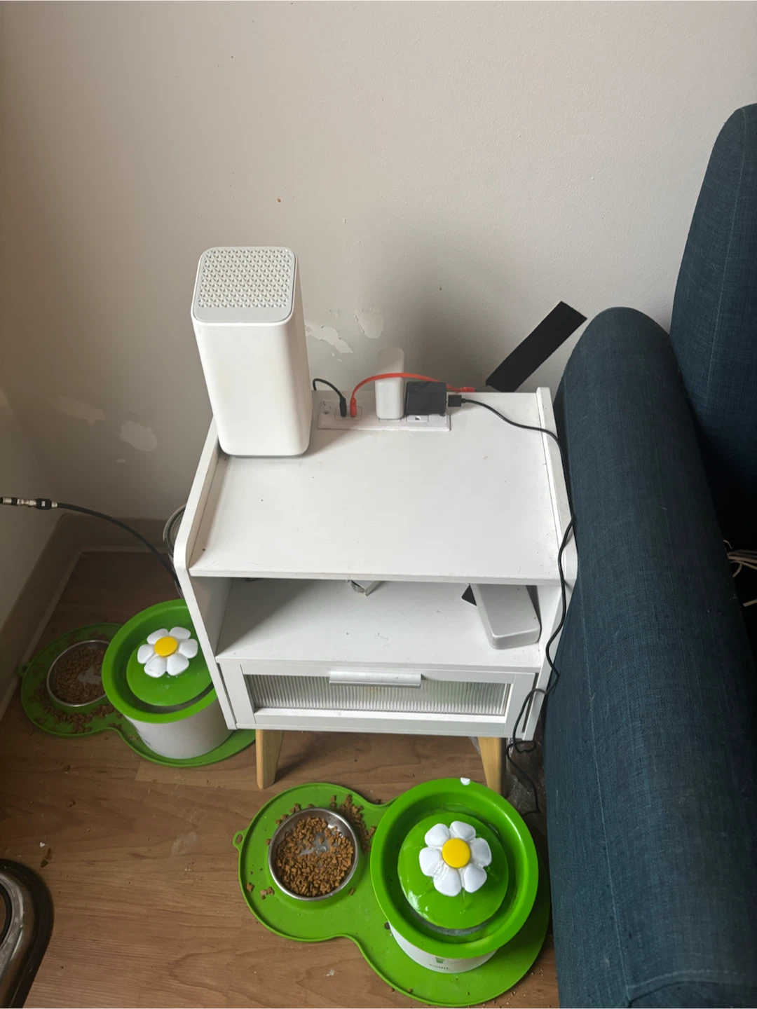 White bedside table with drawer and shelf