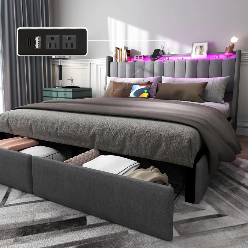 Queen Bed Frame with Headboard and 2 Storage Drawers