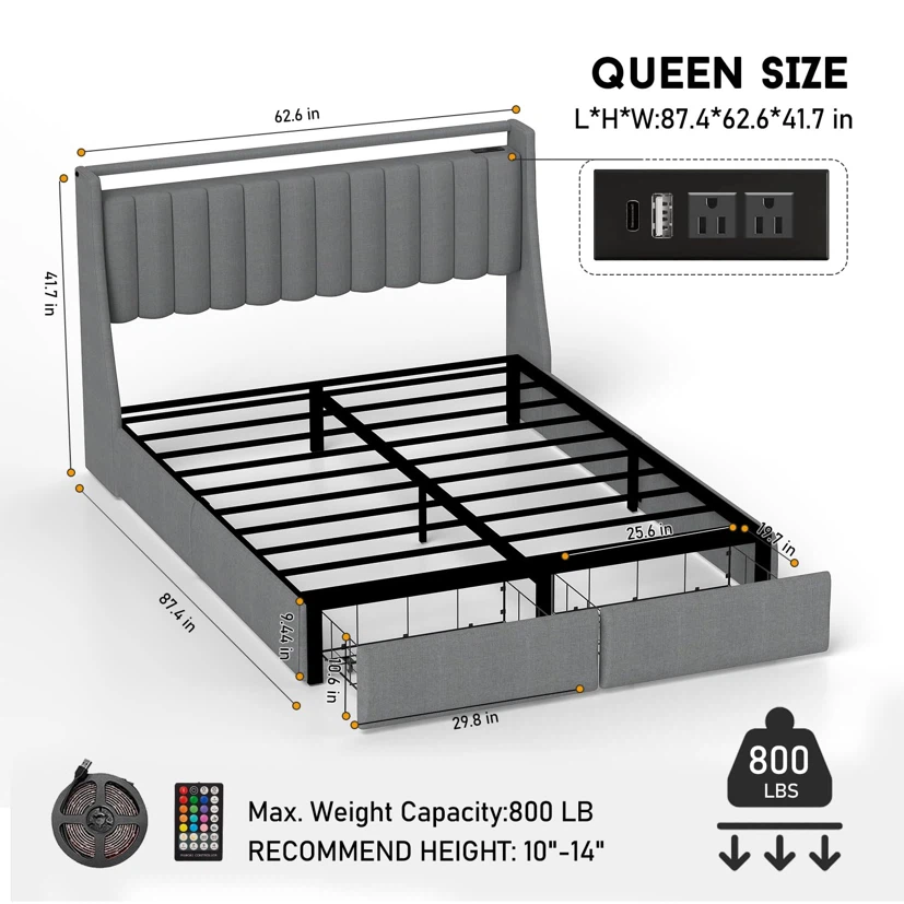 Queen Bed Frame with Headboard and 2 Storage Drawers - photo 2