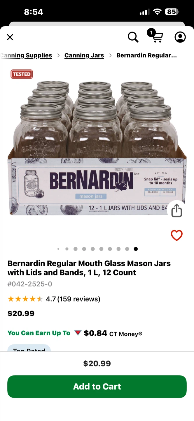 Bernardin Regular Mouth Glass Mason Jars, 1L, 12 Count