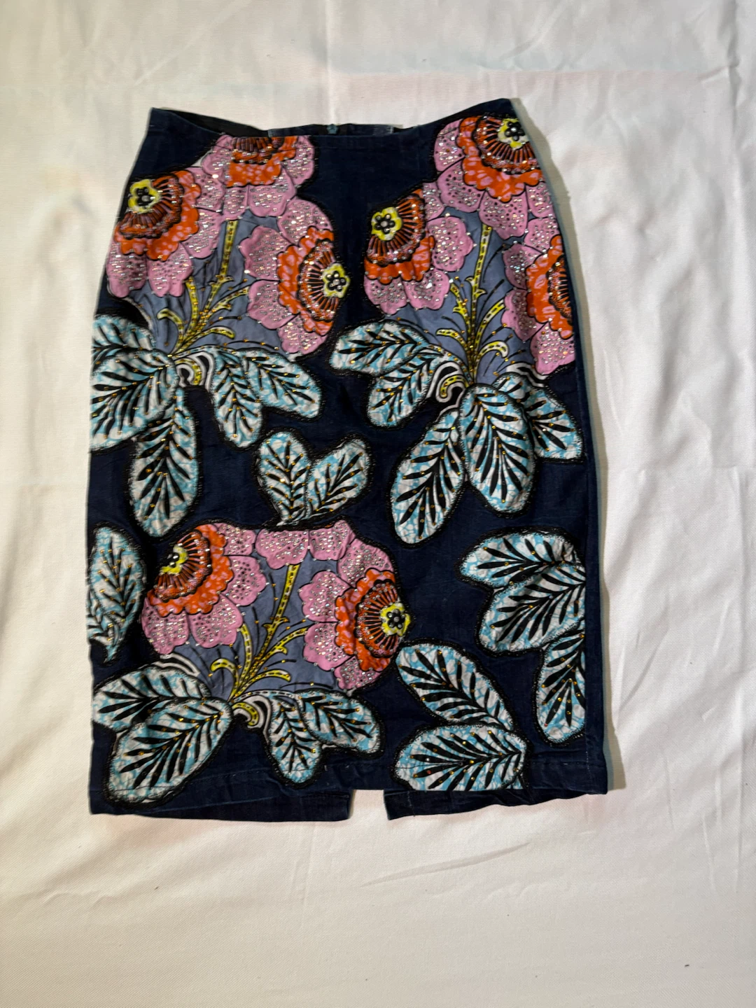 Denim Midi Skirt with Floral Embroidery