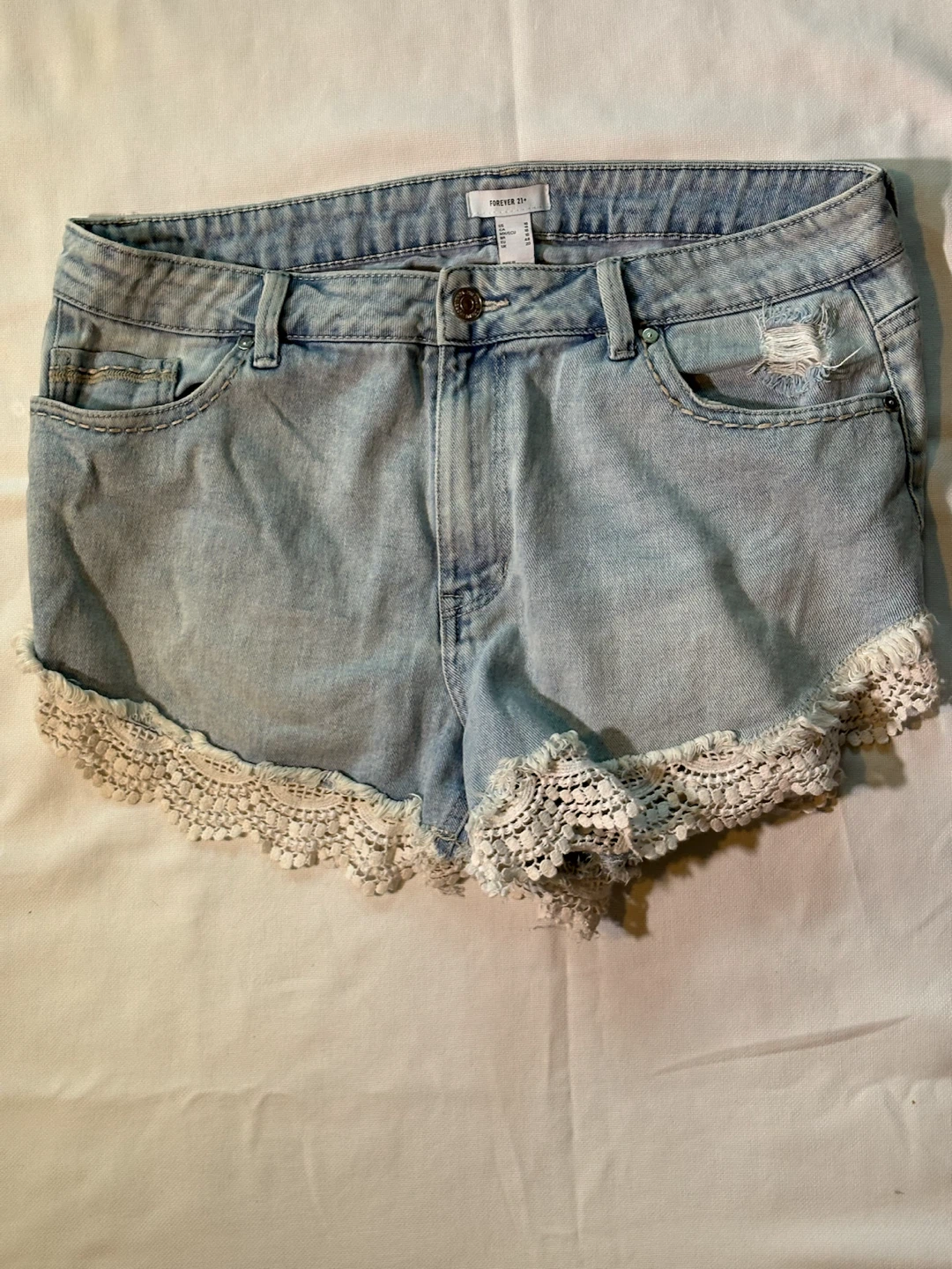 Forever 21+ Light Wash Denim Shorts with Lace Trim - Size 16 - photo 2