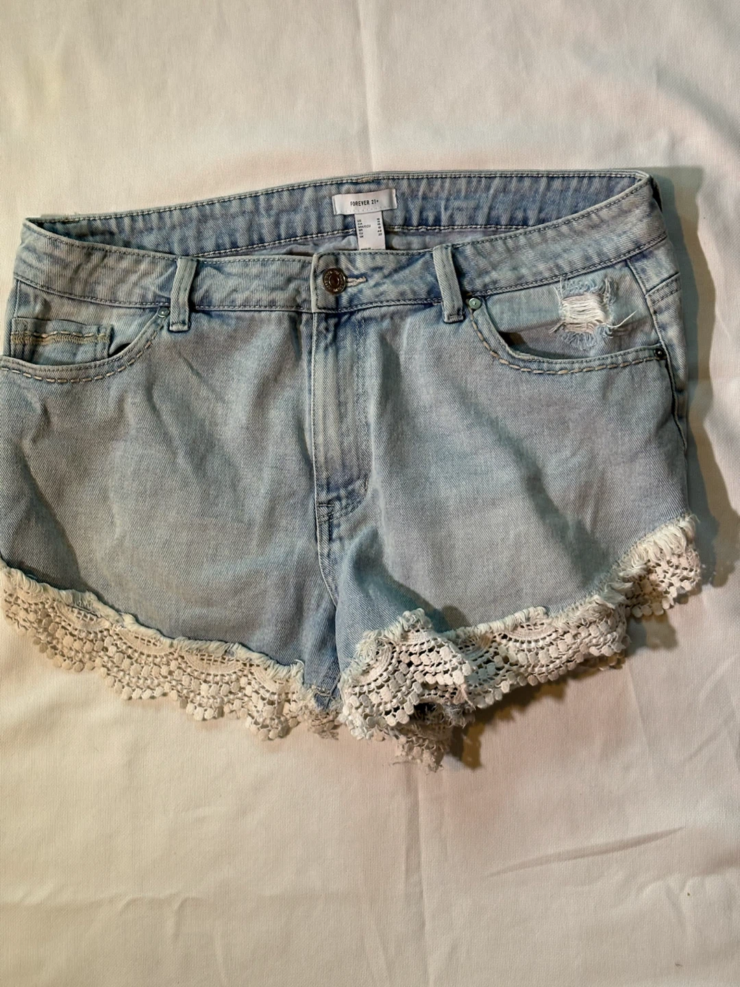 Forever 21+ Light Wash Denim Shorts with Lace Trim - Size 16 - photo 3