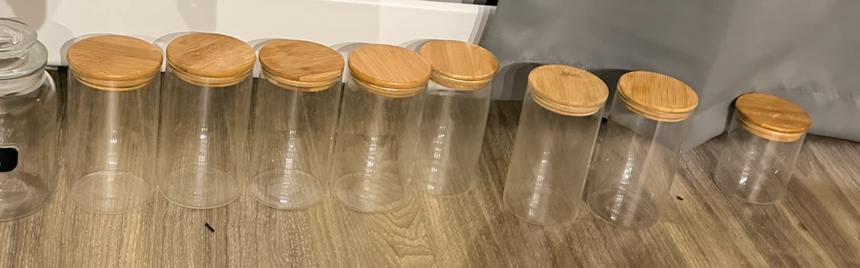 Glass Jars with Bamboo Lids and complimentary jars