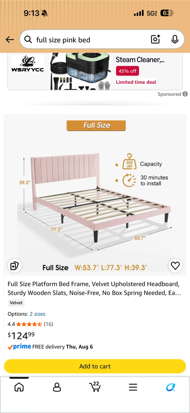 Full Size Pink Velvet Upholstered Platform Bed Frame