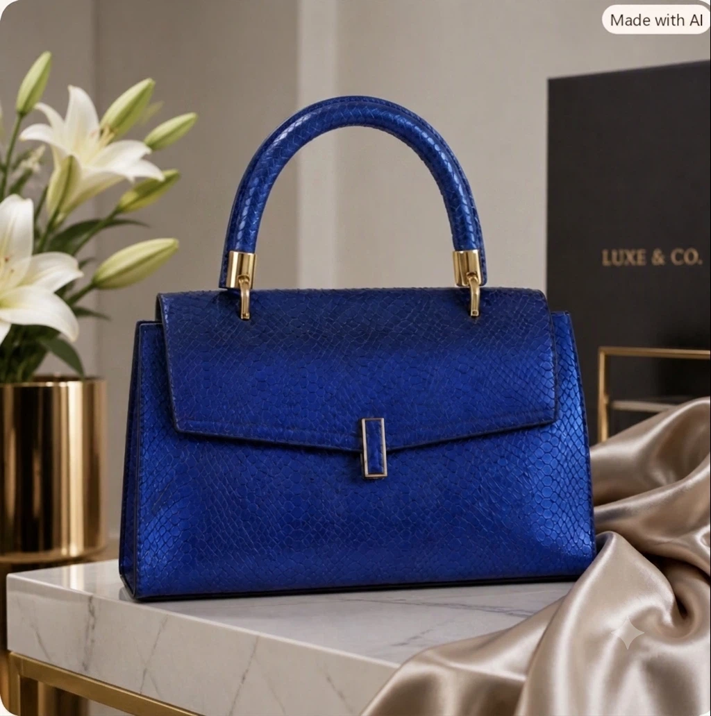 Electric Blue Metallic Snake-Embossed Structured Satchel