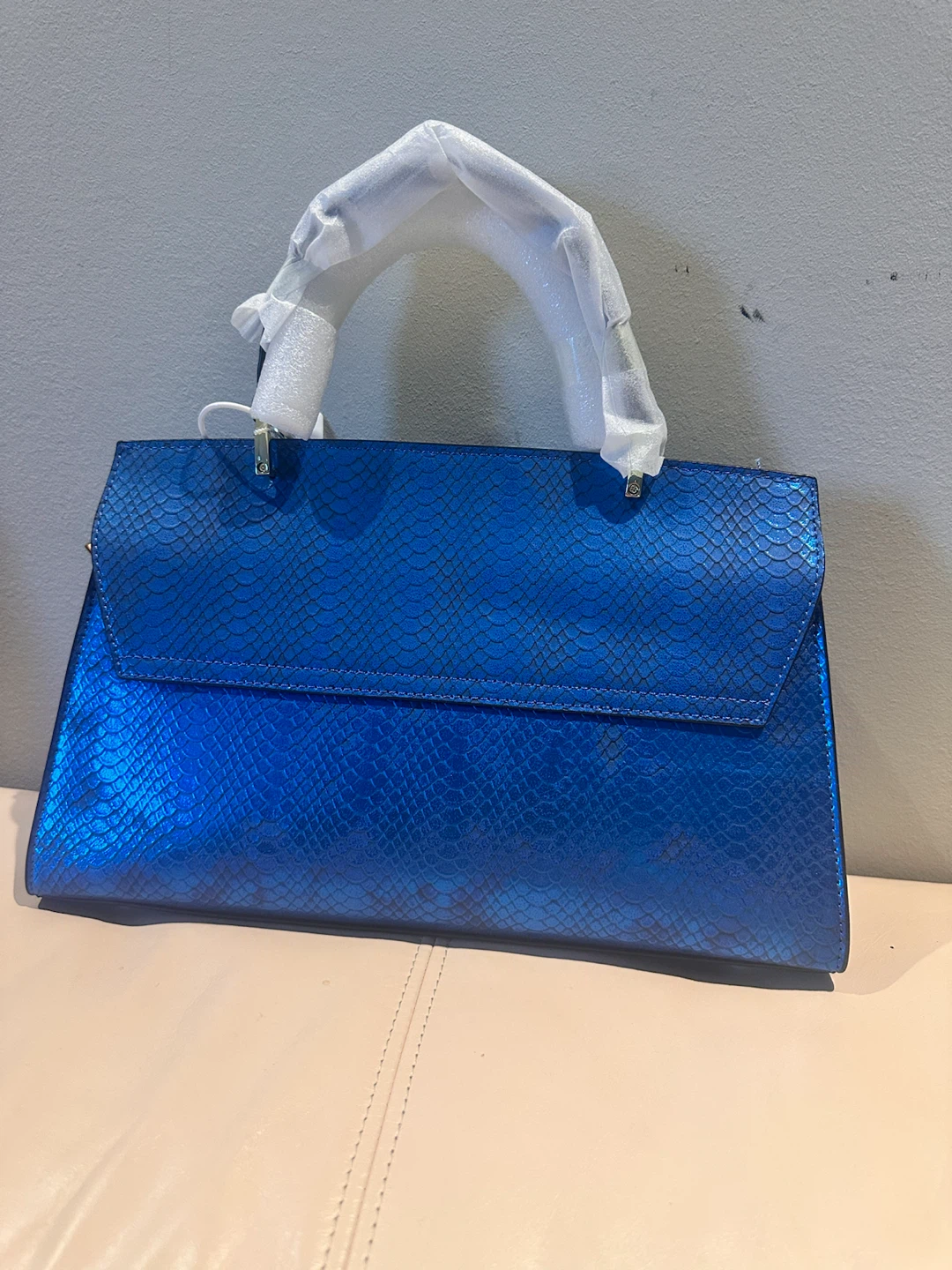 Electric Blue Metallic Snake-Embossed Structured Satchel - photo 4