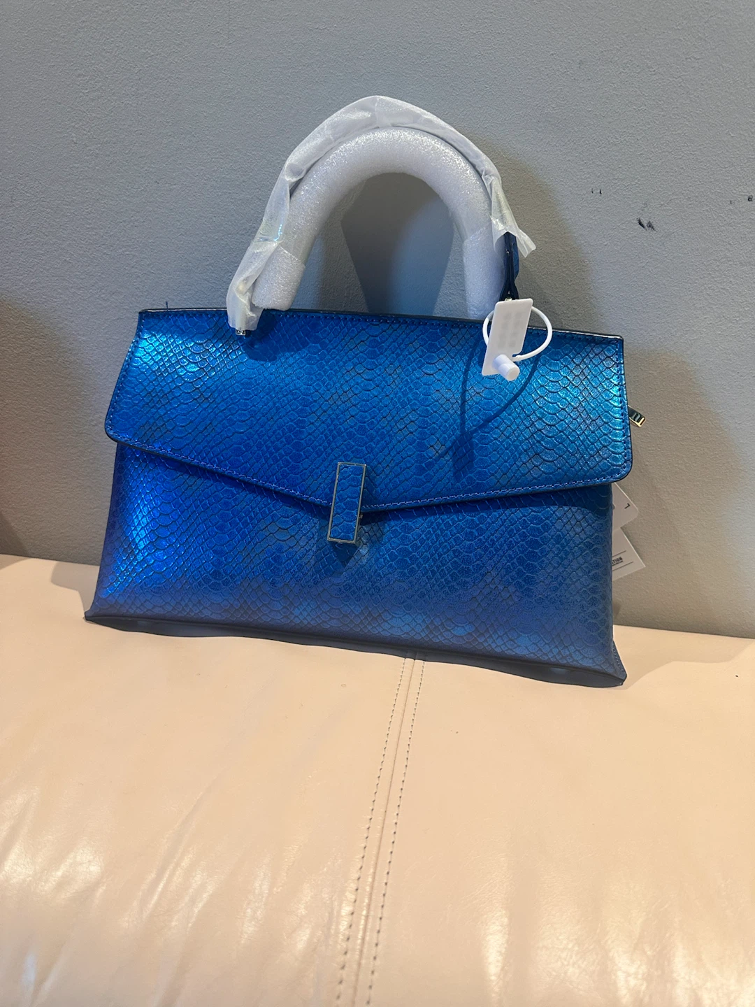 Electric Blue Metallic Snake-Embossed Structured Satchel - photo 5