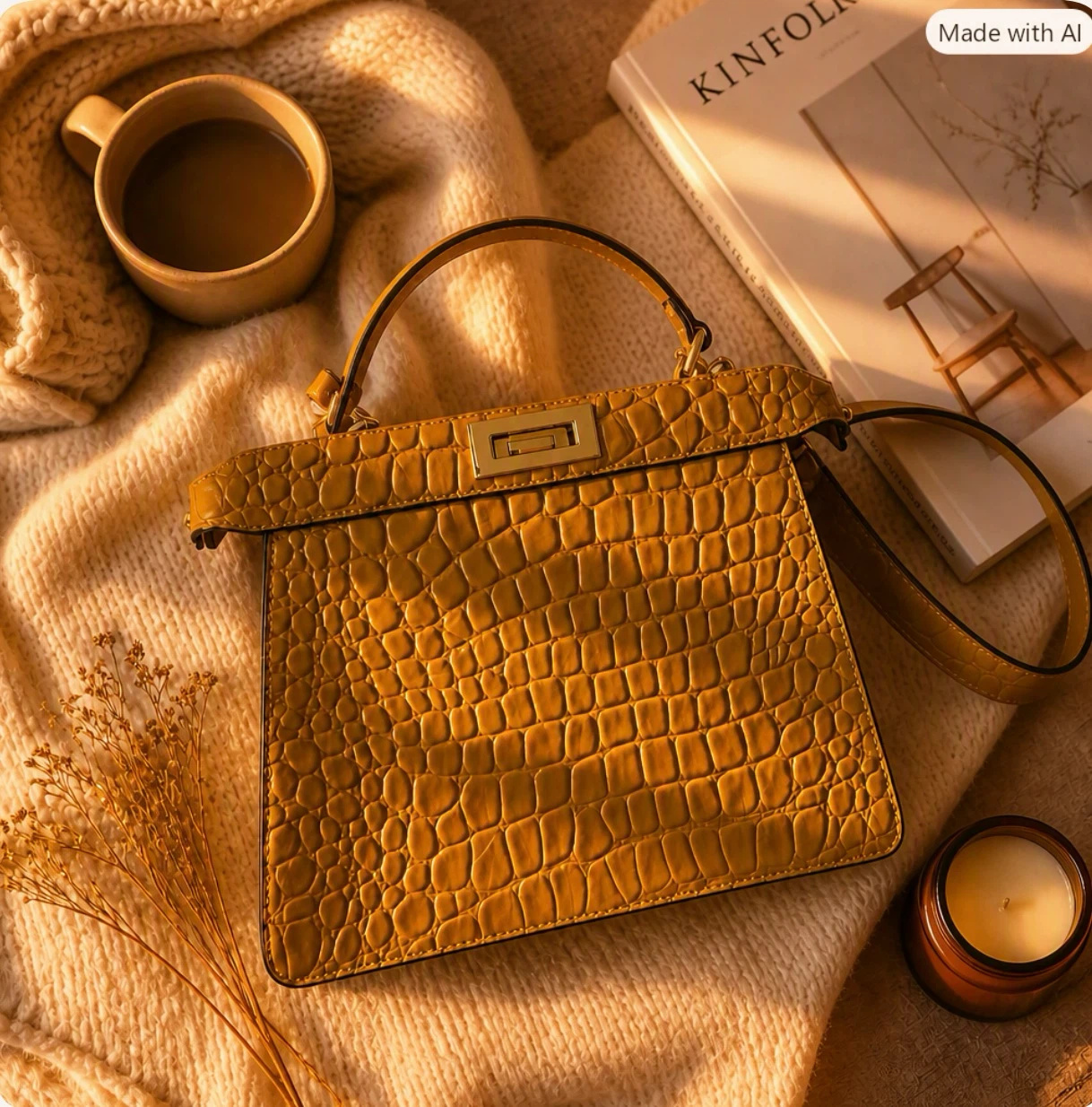 Chic Mustard Yellow Croc-Embossed Top-Handle Handbag & Crossbody - photo 3