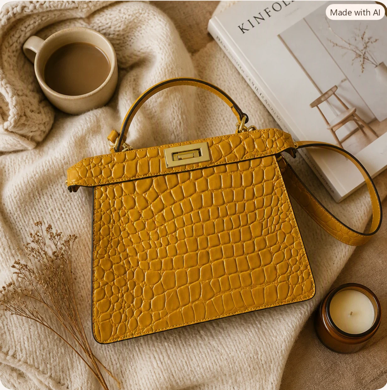 Chic Mustard Yellow Croc-Embossed Top-Handle Handbag & Crossbody - photo 4
