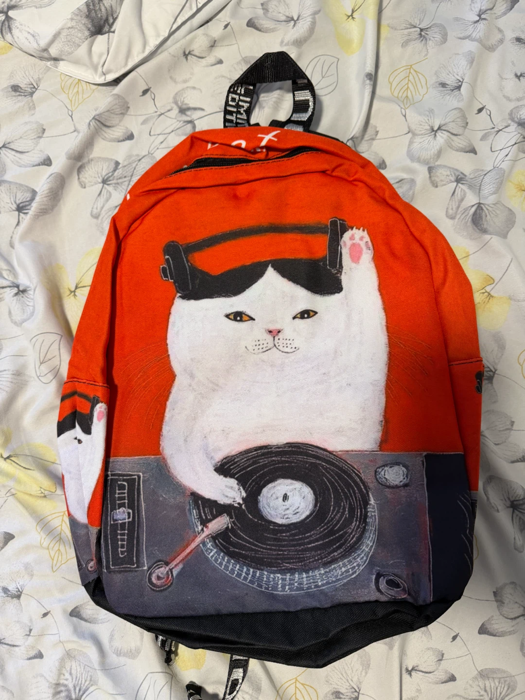 Red Backpack with DJ Cat Graphic