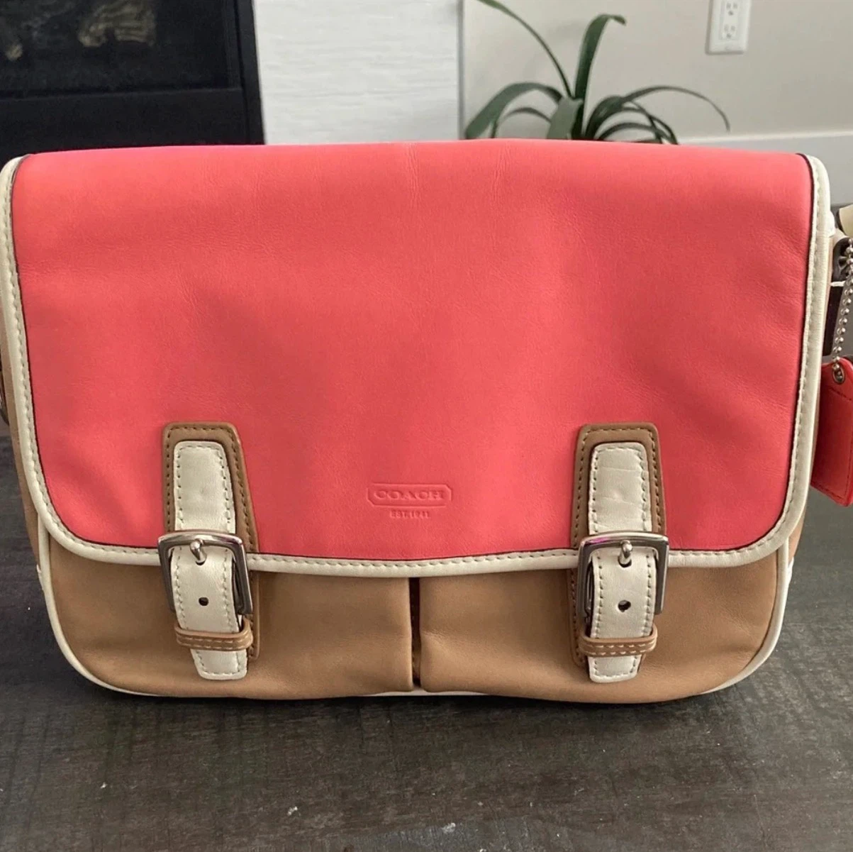 Coach Colourblock Leather Crossbody Bag - Tan/Coral