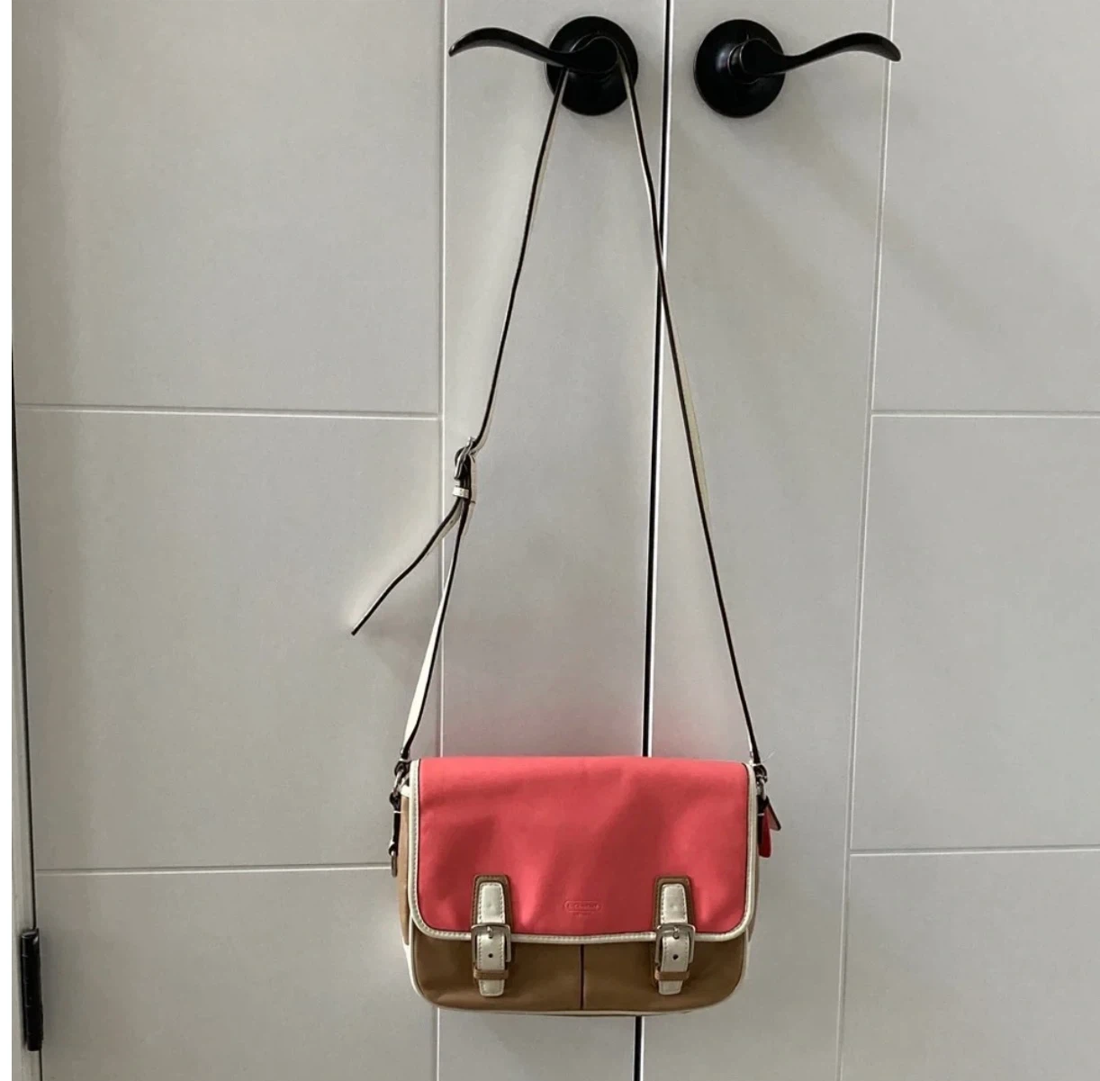 Coach Colourblock Leather Crossbody Bag - Tan/Coral - photo 2