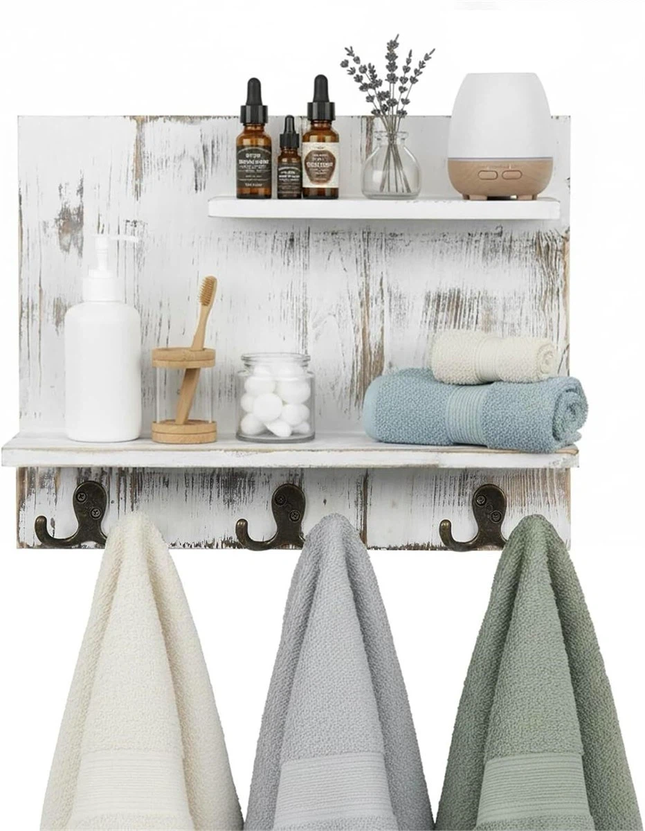 Rustic White Wood Wall Shelf with Hooks