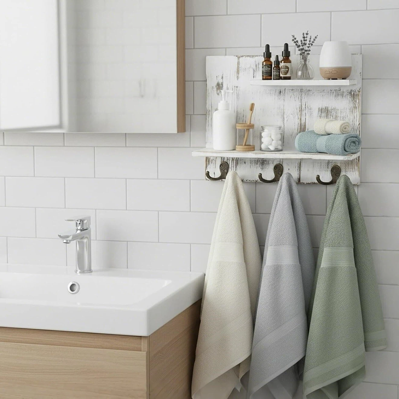 Rustic White Wood Wall Shelf with Hooks - photo 2