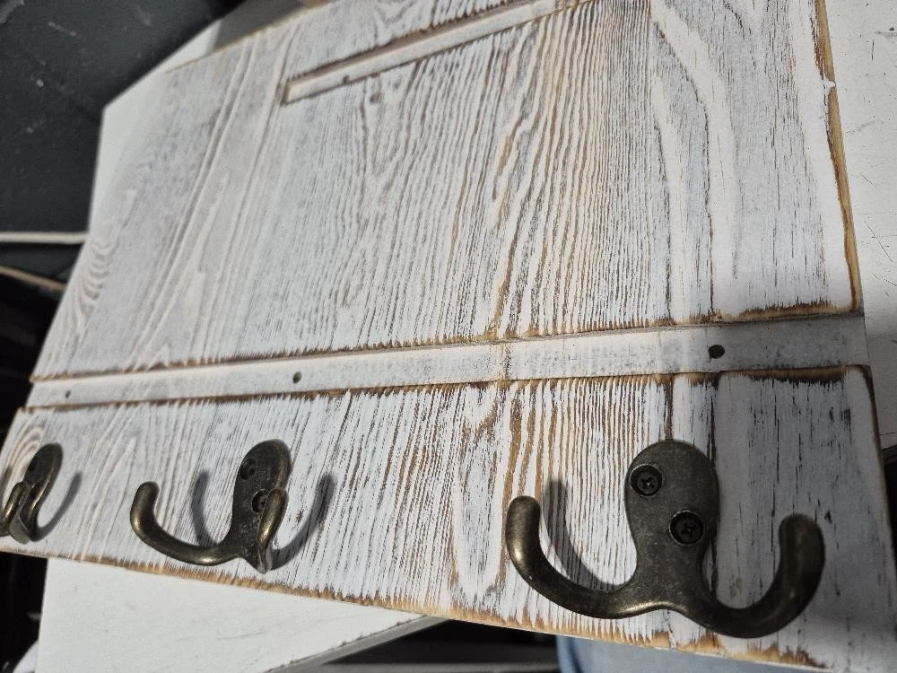 Rustic White Wood Wall Shelf with Hooks - photo 3