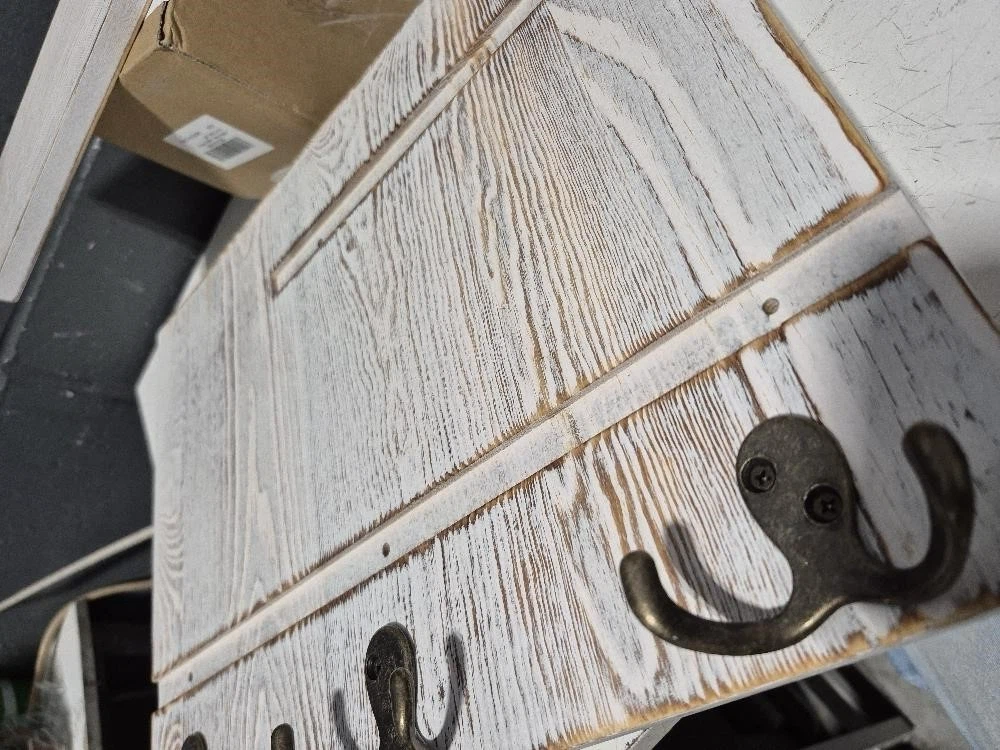 Rustic White Wood Wall Shelf with Hooks - photo 4