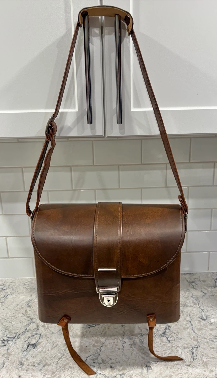Vintage Leather Hard Camera Case w/ Strap & Velvet Interior