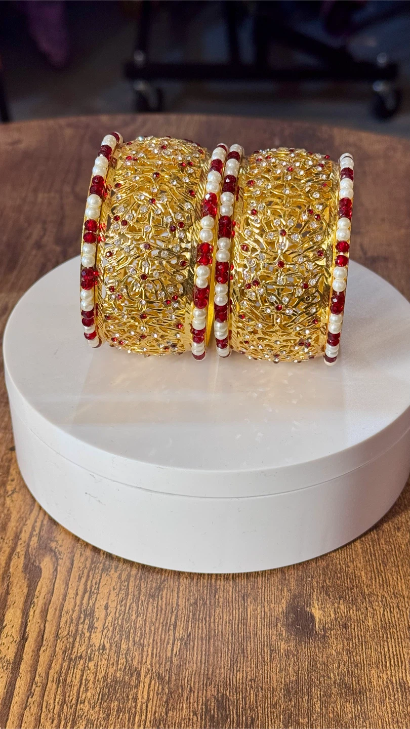 Set Gold plated Bangles with Red and White Beads