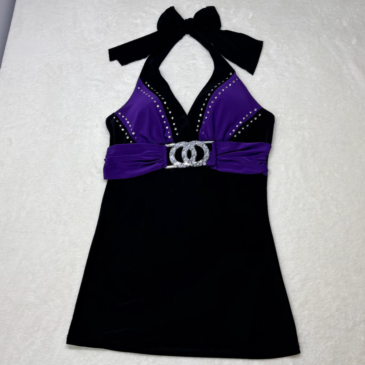 Solar Y2K Black Purple Halter Top Rhinestone Buckle Size M Top - photo 3