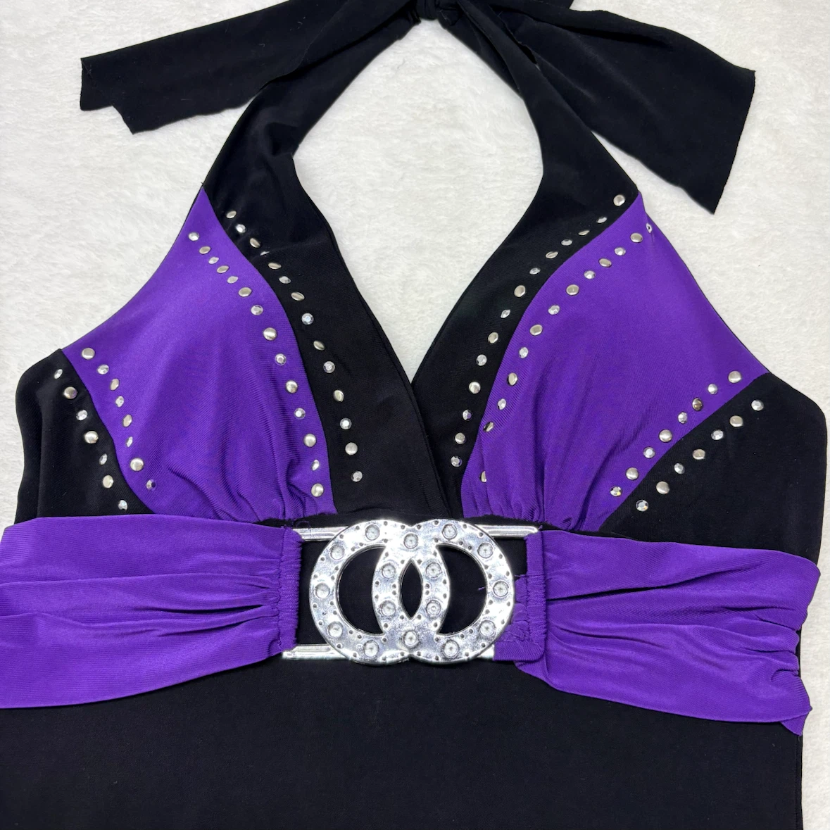 Solar Y2K Black Purple Halter Top Rhinestone Buckle Size M Top - photo 4