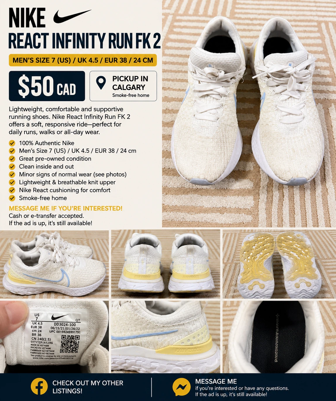 Nike React Infinity Run FK 2 Men's Size 7 Running Shoes