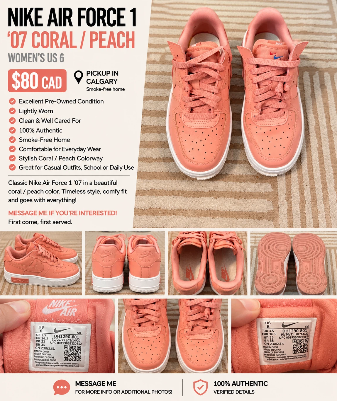 Nike Air Force 1 '07 Coral / Peach Women's US 6
